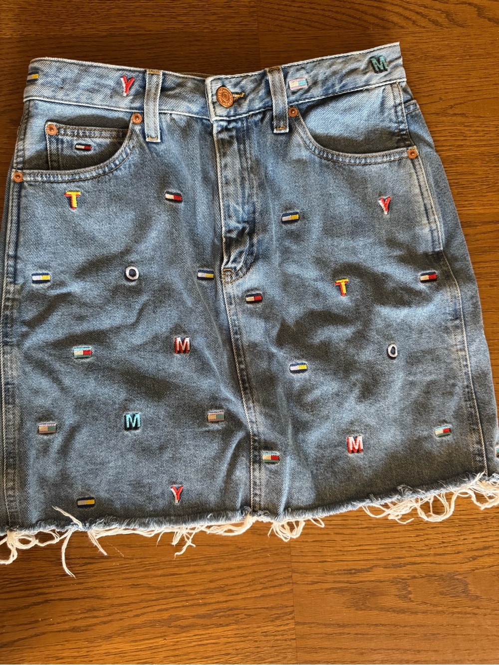 Tommy Jeans Embroidered Denim Mini Skirt in Light Blue
